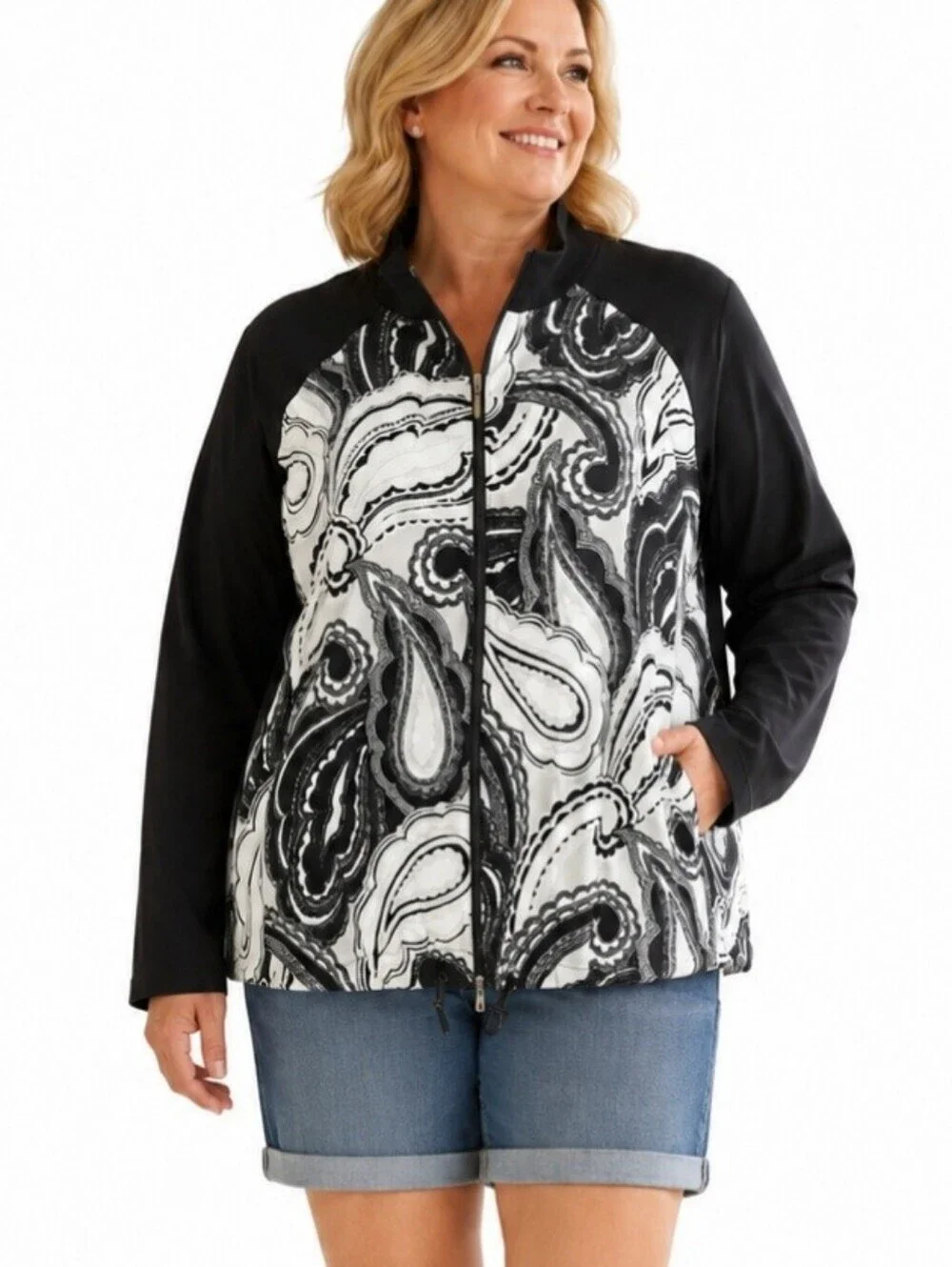 Plus Chico’s Zenergy UPF 50+ Paisley Zip Jacket Black White Size 18/18 NWT